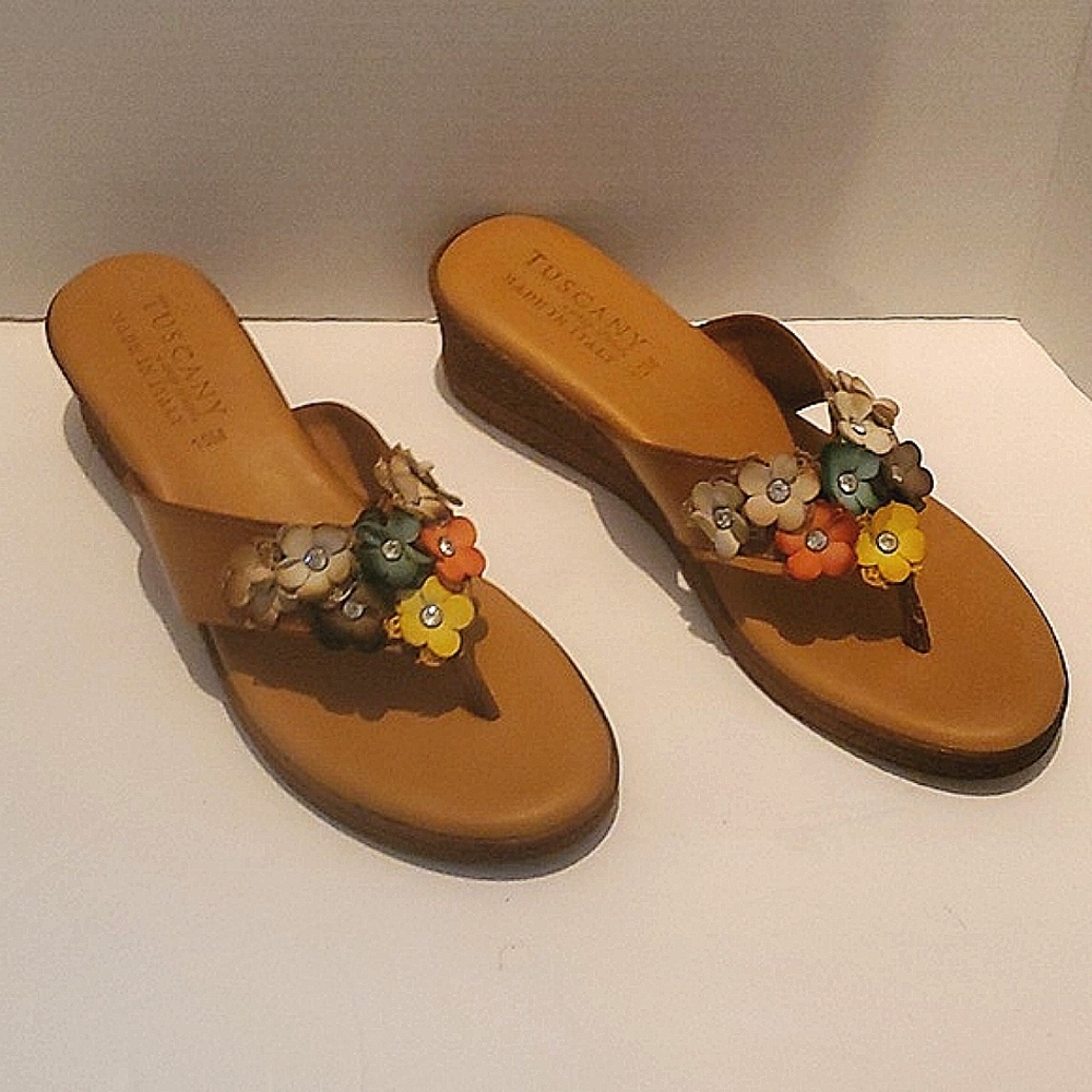 Tuscany Italian Leather Wedge Sandals. Flower & Rhinestones. Sz 10. Brand New